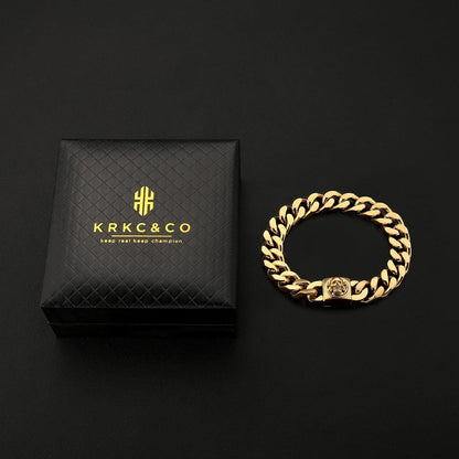 Herren Armband Löwe Totenkopf Verschluss Gold Cuban 18K 12mm
