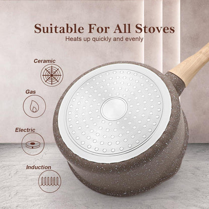 Keramik Stielkasserolle 16 cm mit Deckel und Griff, 1.5L Antihaftbeschichtung - Braun