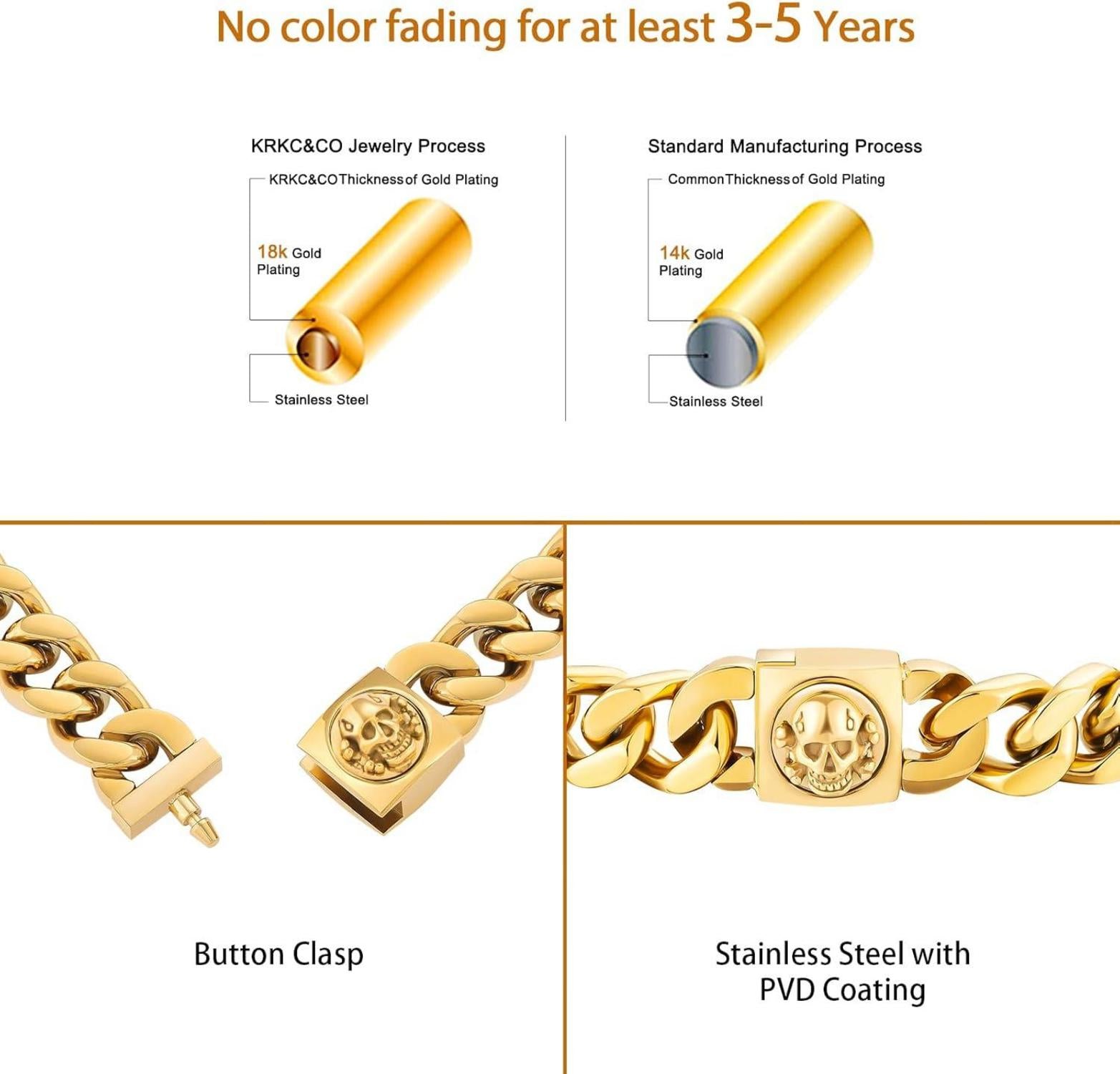 Herren Armband 12mm Löwe Totenkopf Verschluss 18K Gold beschichtet Cuban Hip Hop Schmuck 19cm Gold
