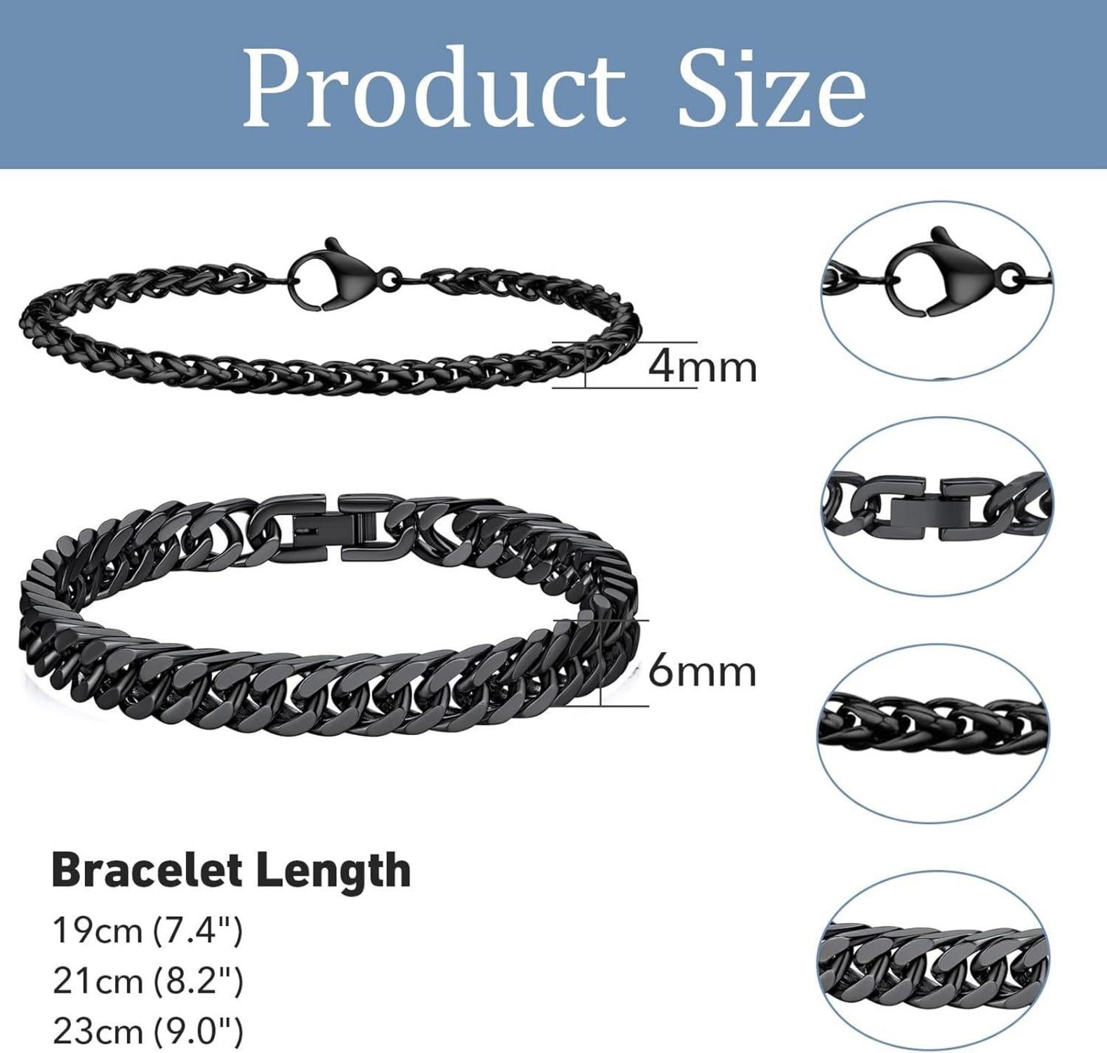 LOCCY Herrenarmband 2 Stück Schwarz Edelstahl Panzerkette 4/6mm 21.0cm