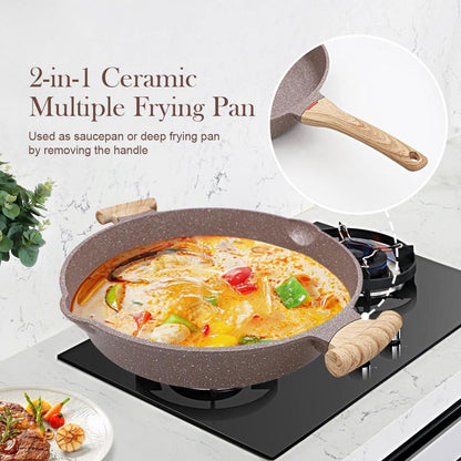 2-in-1 Keramikpfanne mit Deckel 32cm Antihaftbeschichtung braun