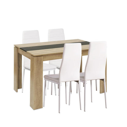 Esszimmergruppe 4er Set: Holztisch (110x70cm) & 4 Weiß Stühle