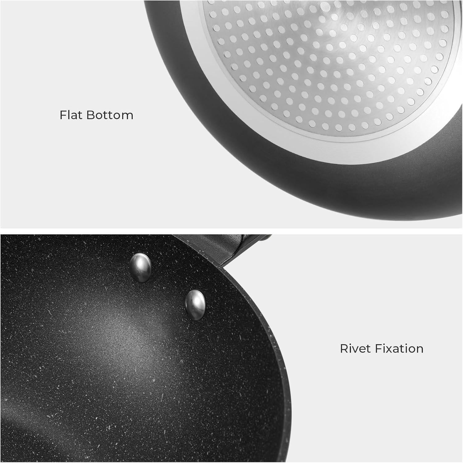 Induktions Wok Pfanne 30 cm Antihaft Flacher Boden Holzgriff Granit