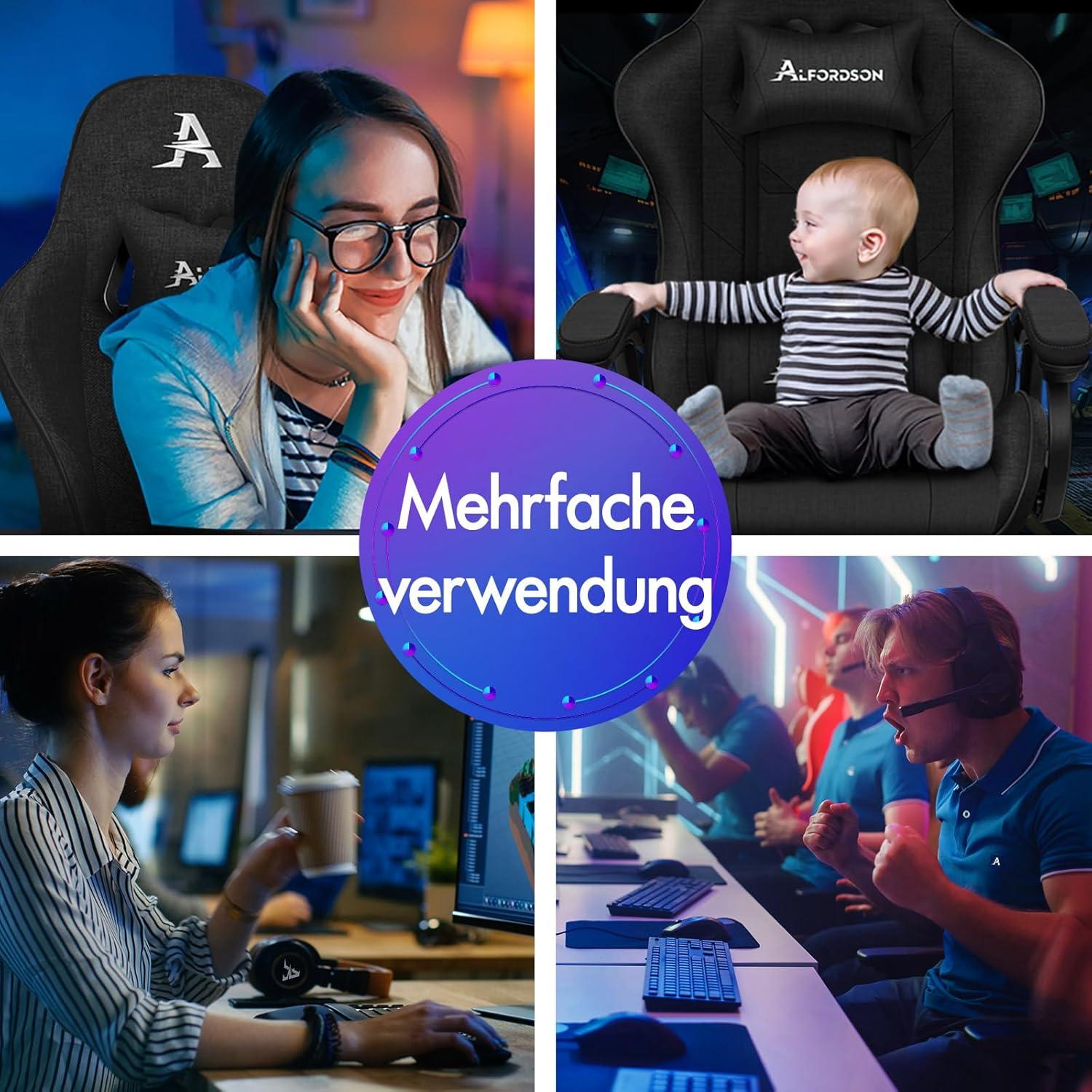 ALFORDSON Gaming Stuhl Schwarz mit Massage Lendenkissen & Fußstütze