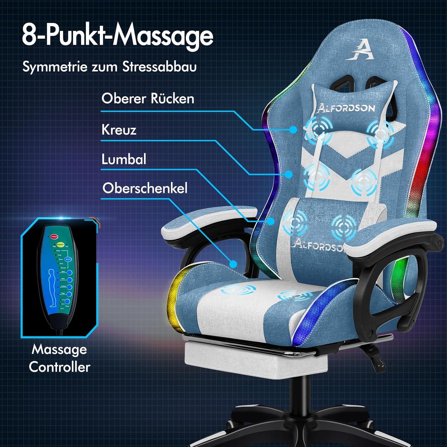 Racing Gaming Stuhl mit Massagefunktion und RGB LED Beleuchtung, Blau Weiß, Ergonomisch, Lordosenstütze, Liegestuhl, Fußstütze, Stoff - Marc Serie