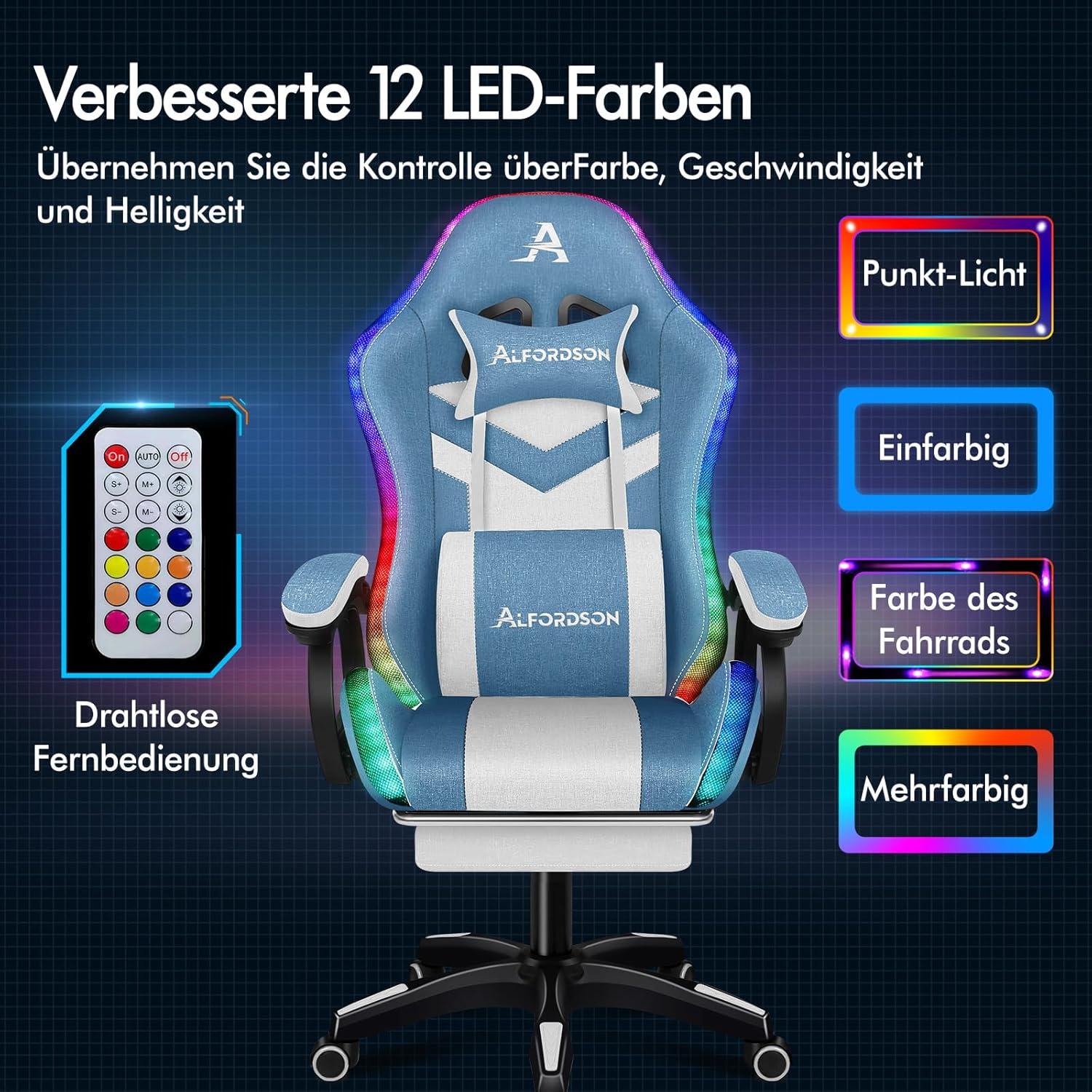 Gaming Stuhl Massage Gamer LED RGB Lordosenstütze Liege Fuß Blau