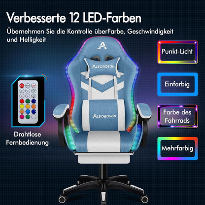 Gaming Stuhl Massage Gamer LED RGB Lordosenstütze Liege Fuß Blau