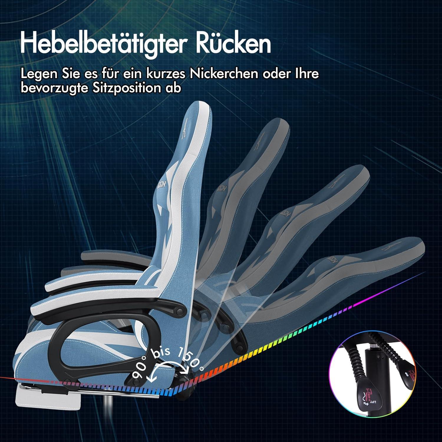 Gaming Stuhl Massage Gamer LED RGB Lordosenstütze Liege Fuß Blau