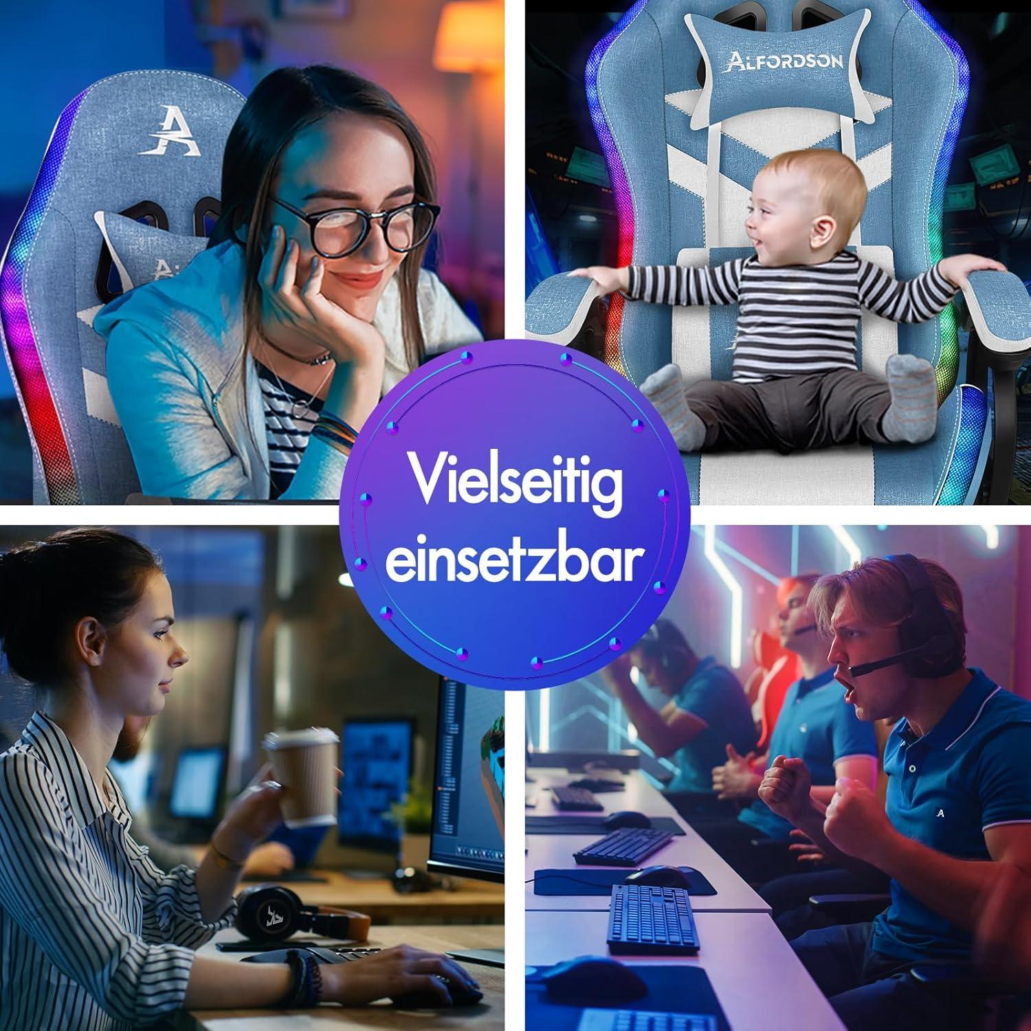 Racing Gaming Stuhl mit Massagefunktion und RGB LED Beleuchtung, Blau Weiß, Ergonomisch, Lordosenstütze, Liegestuhl, Fußstütze, Stoff - Marc Serie