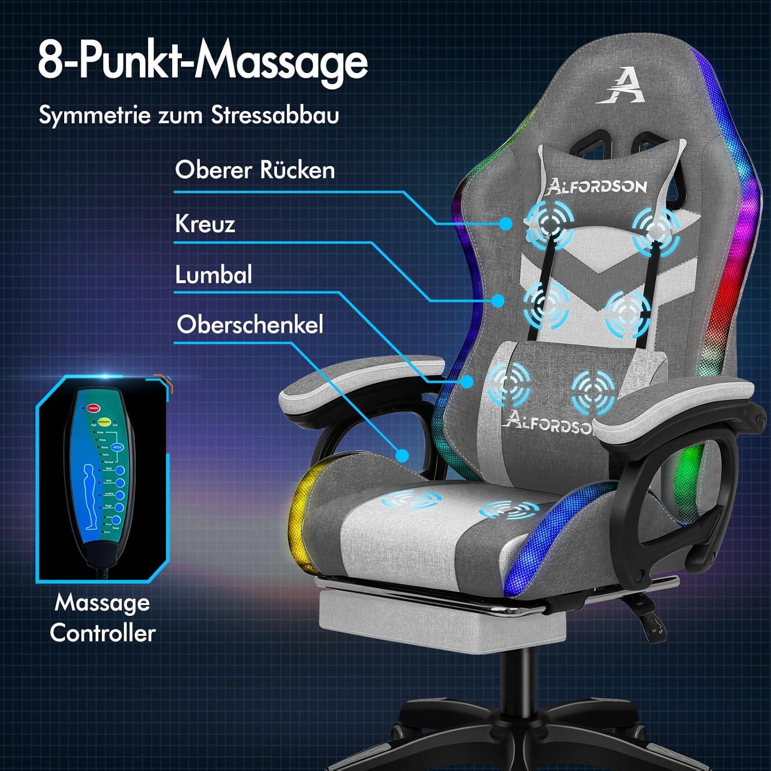 Gaming Stuhl mit Massage und LED Farben - Ergonomischer Gamer Sessel, Lordosenstütze, Fußstütze, Grau Spleißen Marc