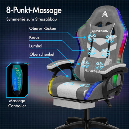 Gaming Stuhl mit Massage und LED Farben - Ergonomischer Gamer Sessel, Lordosenstütze, Fußstütze, Grau Spleißen Marc