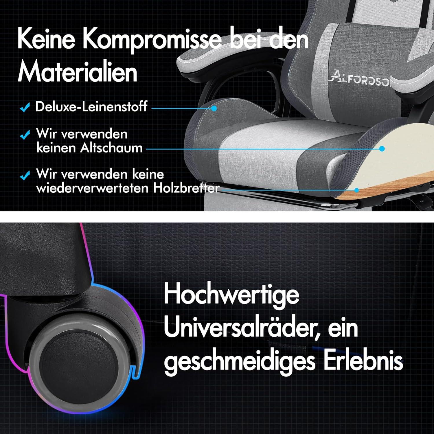Racing Gaming Stuhl mit Massage, LED Beleuchtung, Ergonomisch, Grau