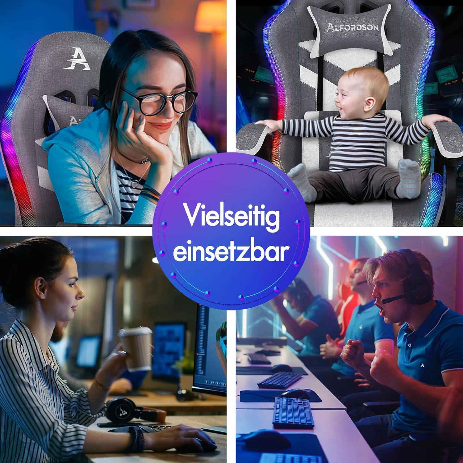 Gaming Stuhl mit Massage und LED Farben - Ergonomischer Gamer Sessel, Lordosenstütze, Fußstütze, Grau Spleißen Marc