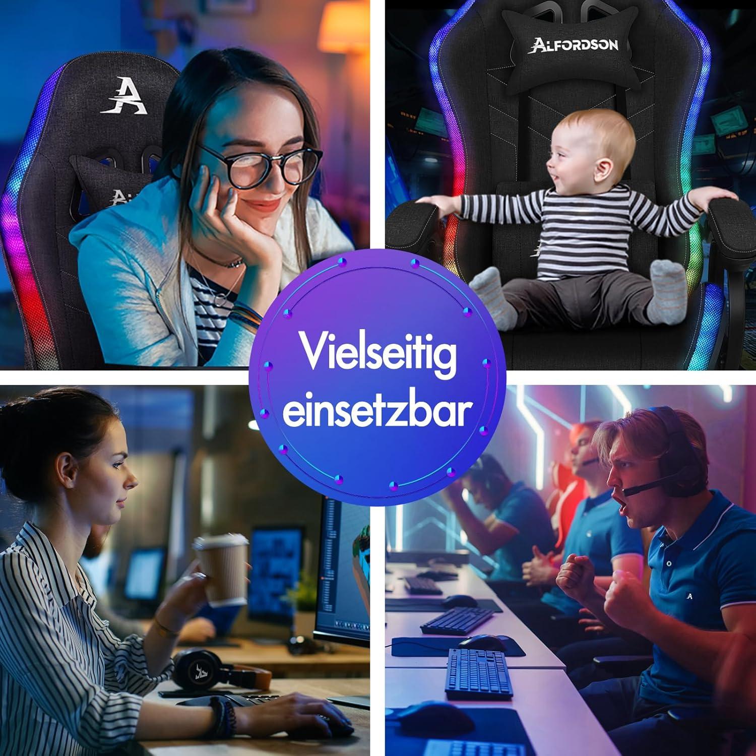 Gaming Stuhl mit Massagefunktion und LED RGB Beleuchtung - Schwarz, Ergonomisch, Lordosenstütze, Liegestuhl, Fußstütze