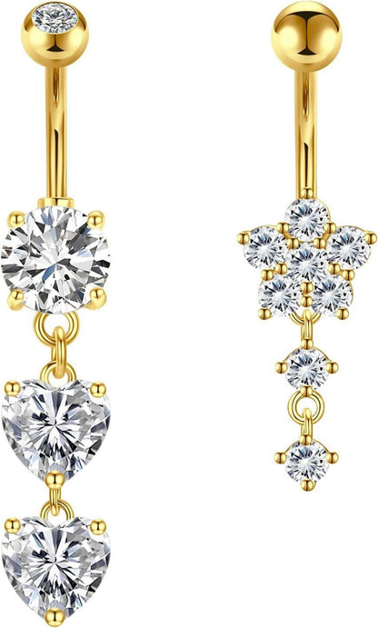 Bauchnabelpiercing 14G Herz Kristall Gold Silber Zirkonia Set