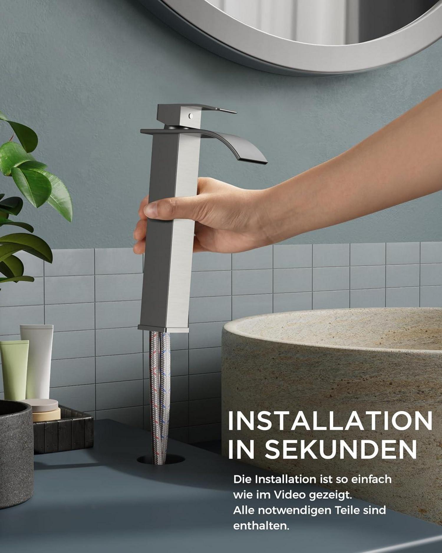 FORIOUS Wasserhahn Bad Wasserfall Waschtischarmatur 220mm Höhe, Wassersparend Brushed Nickel
