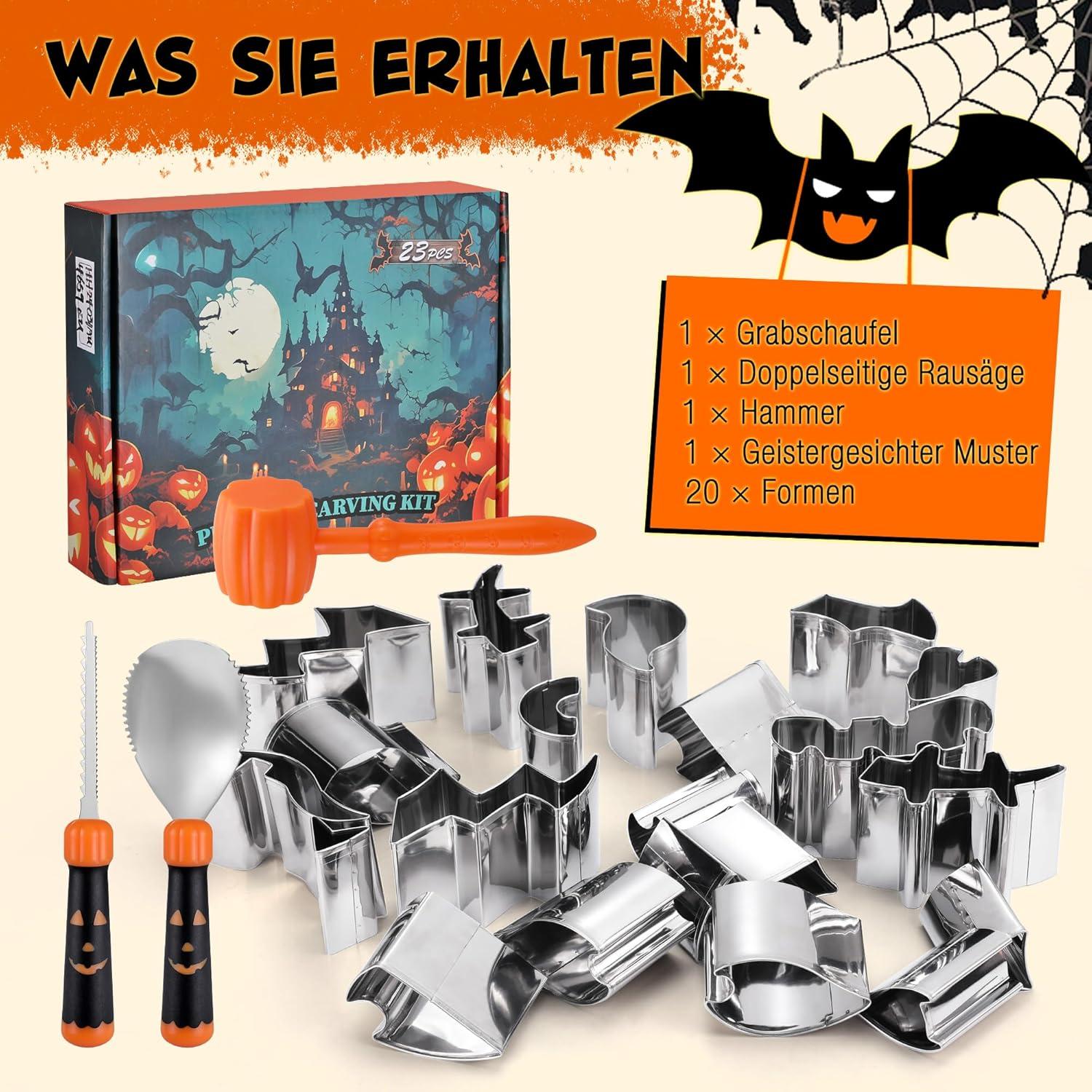 HAUSHOF Halloween Kürbis Schnitzset 23-tlg. mit Hammer und