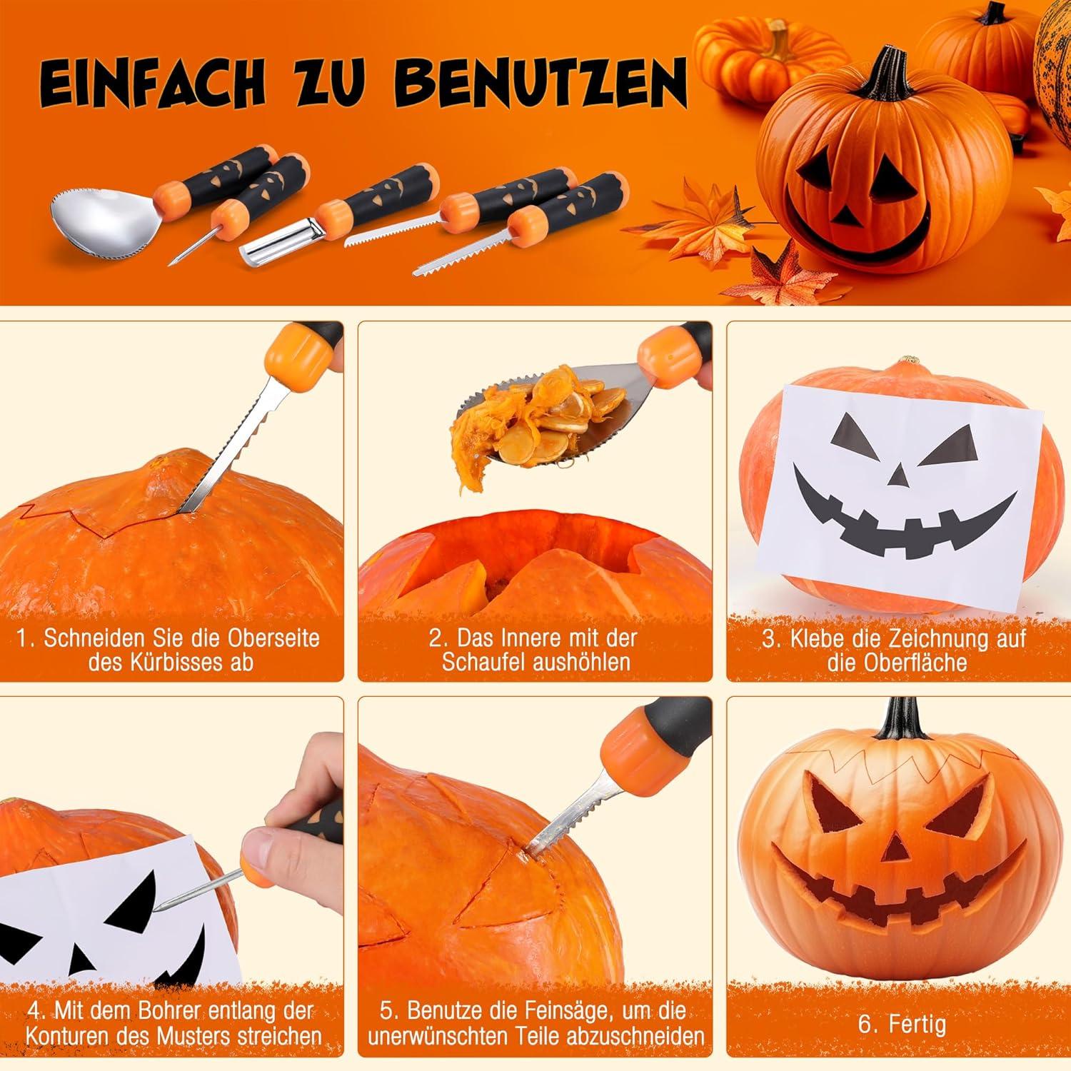 HAUSHOF Halloween Kürbis Schnitzset 5-tlg. mit Tasche und Muster