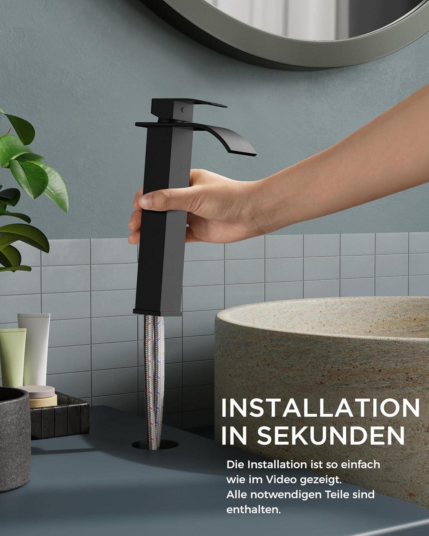 FORIOUS Wasserfall Waschtischarmatur Schwarz mit Wassersparender Einhandbedienung