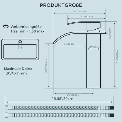 FORIOUS Schwarz Wasserfall Waschtischarmatur Einhandmischer 220mm