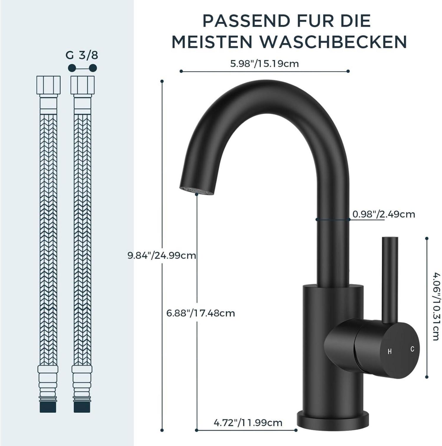 FORIOUS Schwarz Wasserhahn 360° Drehbar Edelstahl Bad Küche