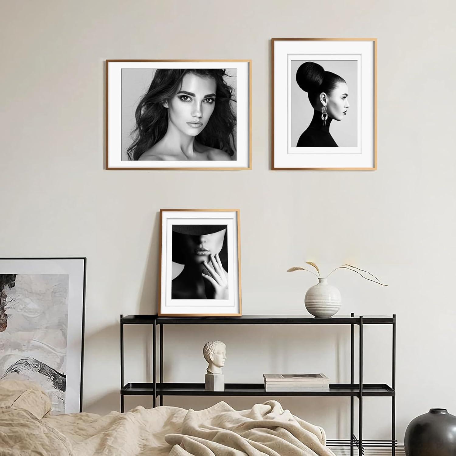 Gold Aluminum Picture Frame Set of 2 with Mats and Plexiglass Tabletop Wall