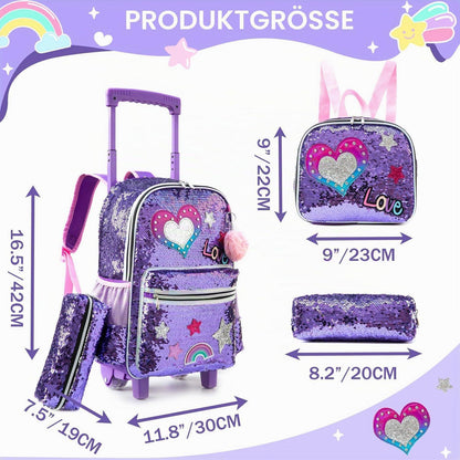 Kinder Rucksack mit Rollen & Trolley Set Lila Herz