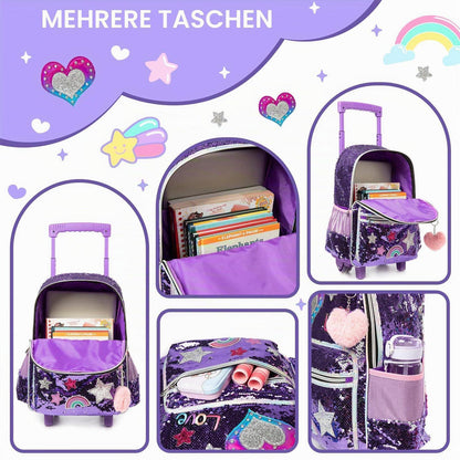 Kinder Rucksack mit Rollen & Trolley Set Lila Herz