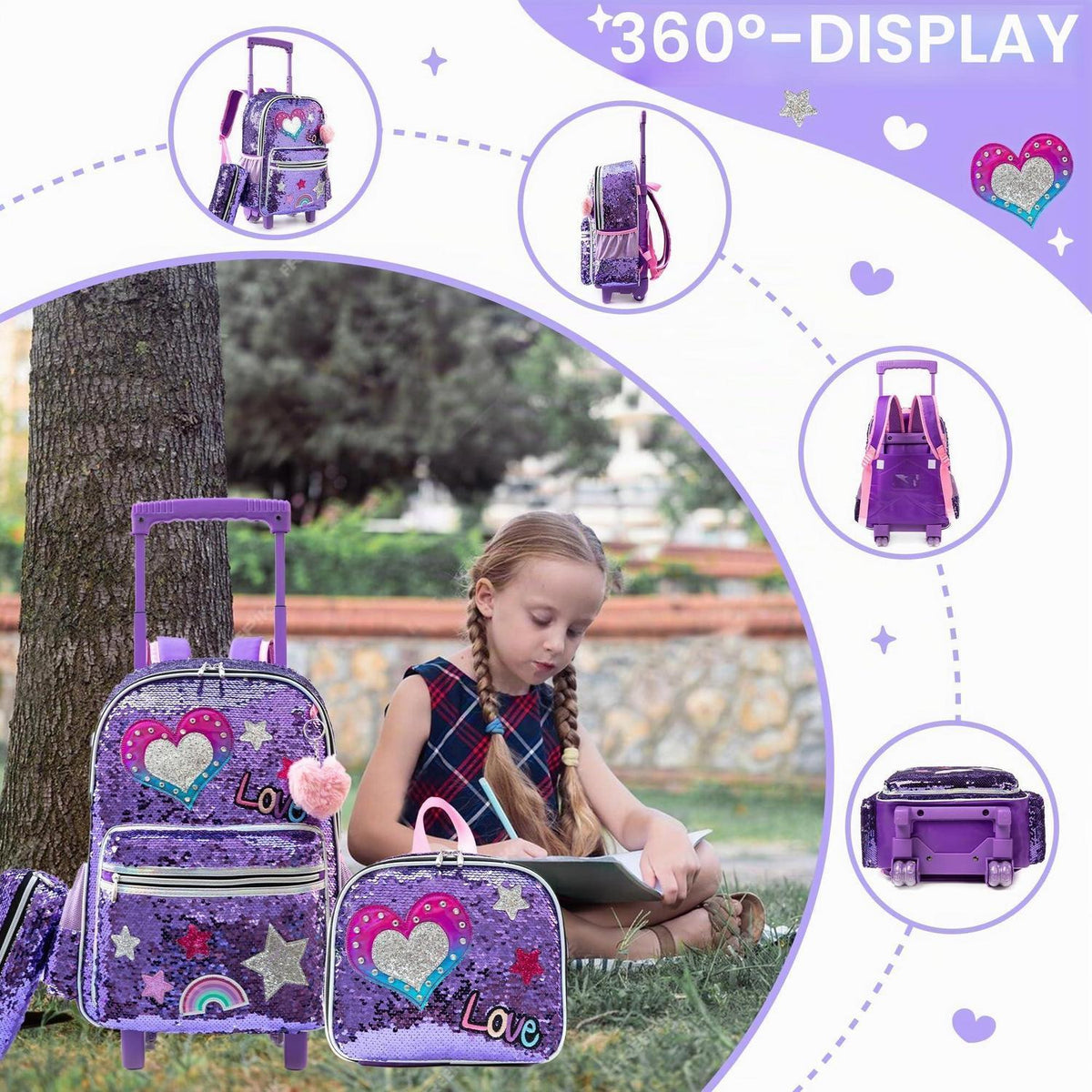 Kinder Rucksack mit Rollen & Trolley Set Lila Herz