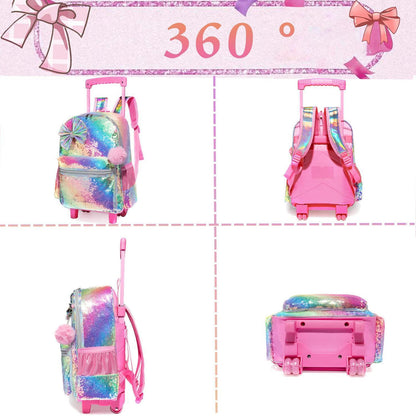Schulrucksack mit Rollen für Mädchen Rosa Fliege Set