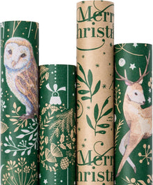 Weihnachts-Geschenkpapier Kraftpapier 4 Rollen Eule Rentier 76cm x 3m