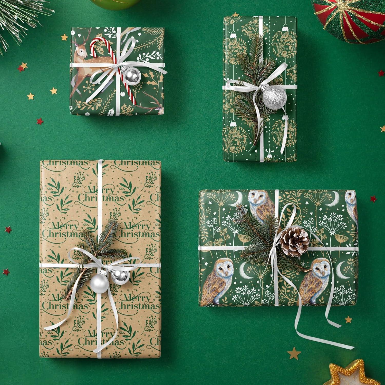 Weihnachts-Geschenkpapier Kraftpapier 4 Rollen Eule Rentier 76cm x 3m