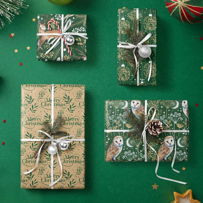 Weihnachts-Geschenkpapier Kraftpapier 4 Rollen Eule Rentier 76cm x 3m