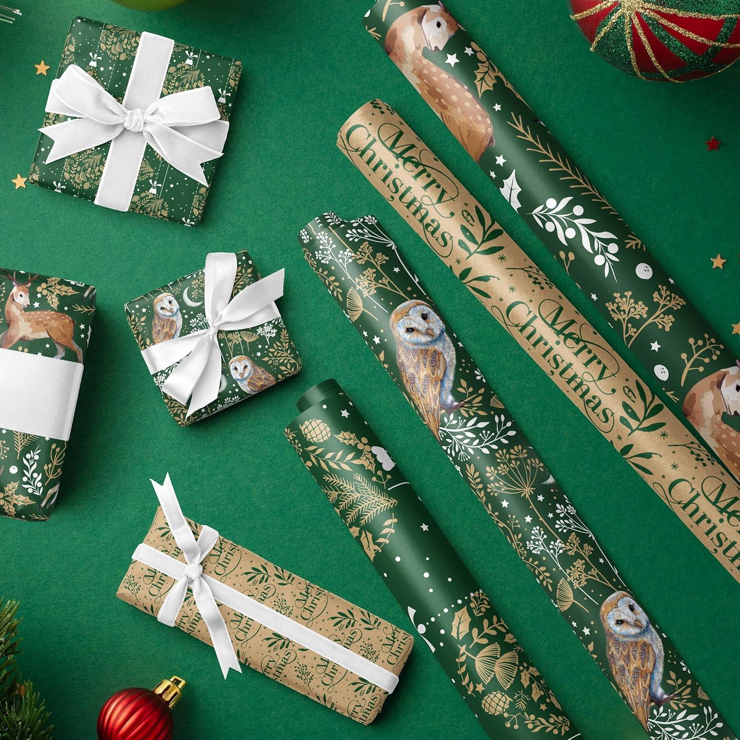 Weihnachtsgeschenkpapier Kraftpapier 4 Rollen Eule Rentier Kugel 76x3m