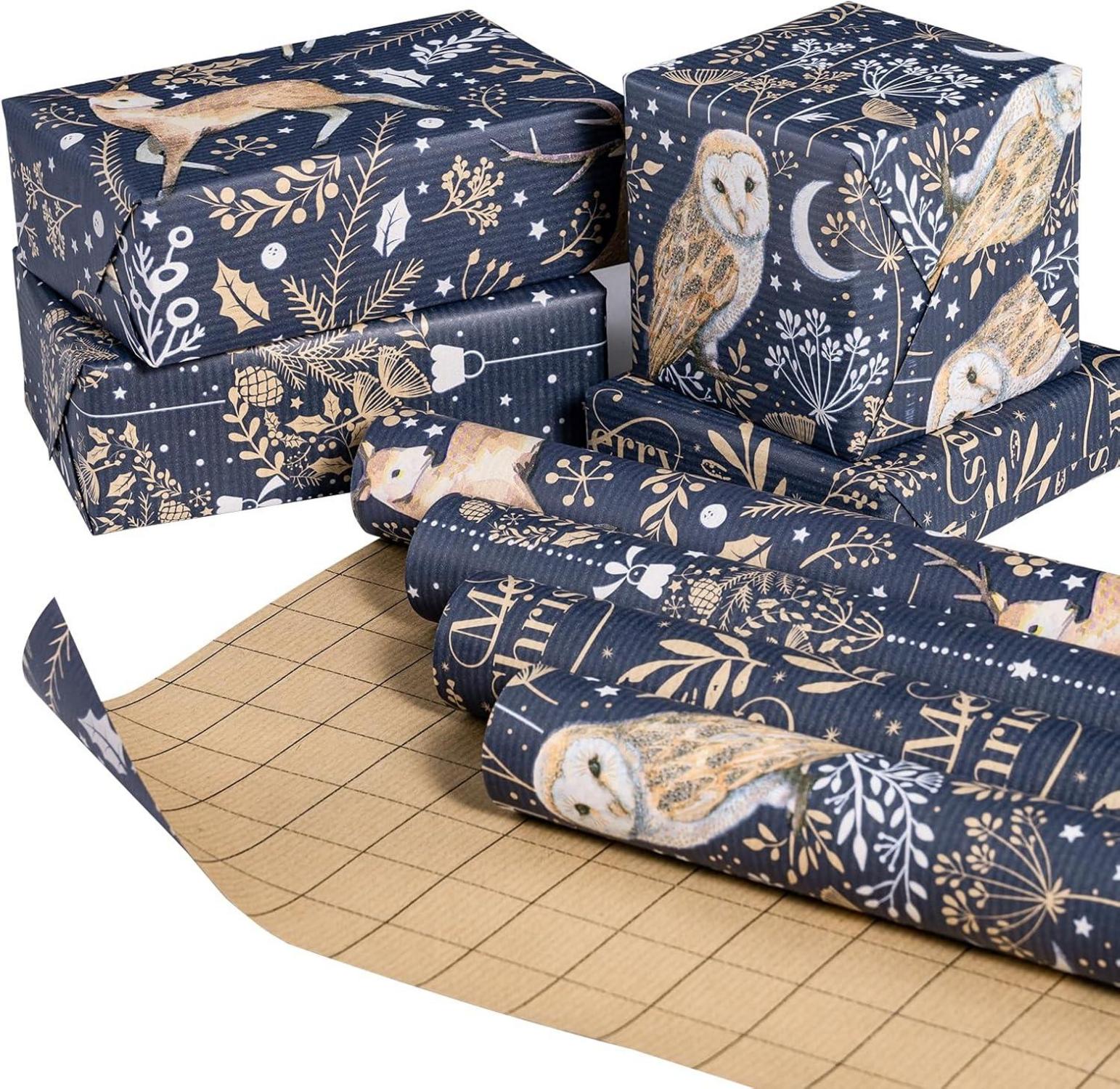 Weihnachts-Geschenkpapierrolle Kraftpapier Rentier Eule 4 Rollen