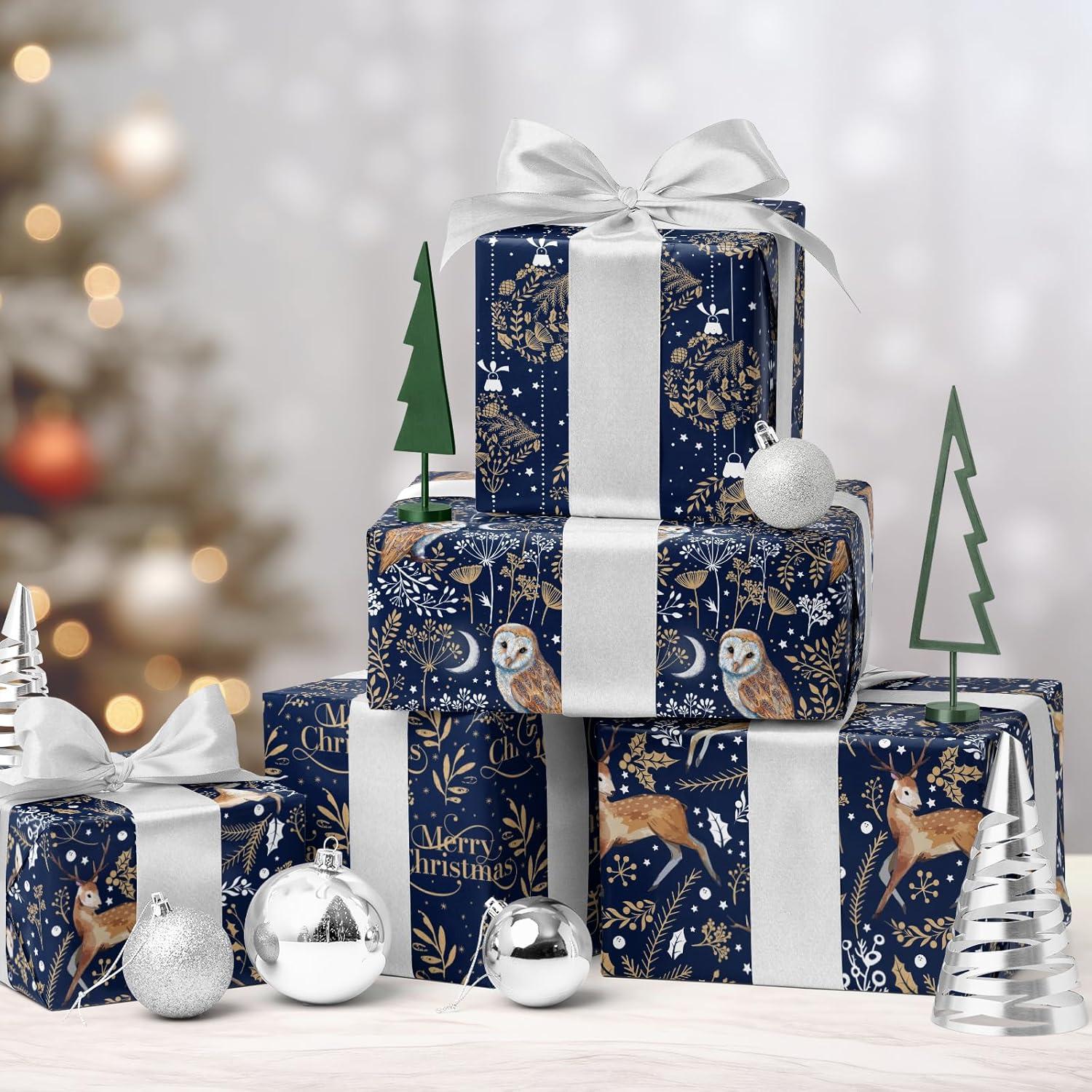 Weihnachts-Geschenkpapierrolle Kraftpapier Rentier Eule 4 Rollen