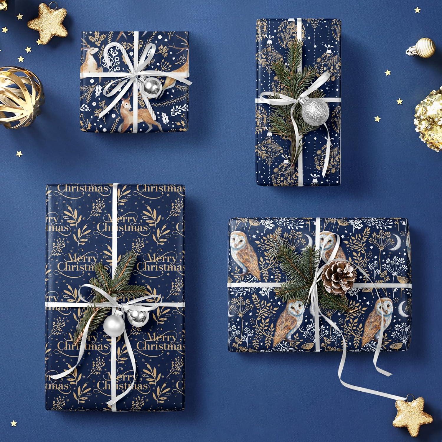 Weihnachts-Geschenkpapierrolle Kraftpapier Blaue Eule Rentier Eichhörnchen 4 Rollen