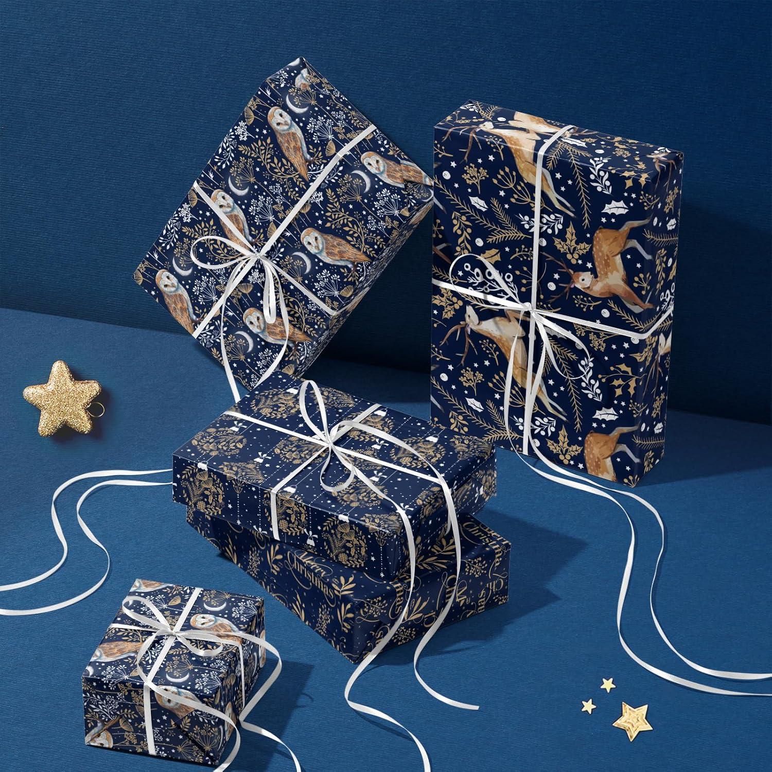 Weihnachts-Geschenkpapierrollen Kraftpapier - Eule Rentier Kugel Text - 43,2x3m