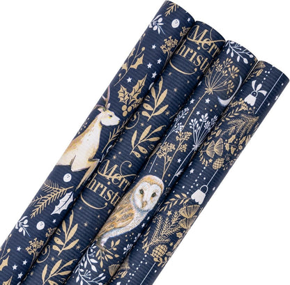 Weihnachts-Geschenkpapierrolle Kraftpapier Blaue Eule Rentier Eichhörnchen 4 Rollen