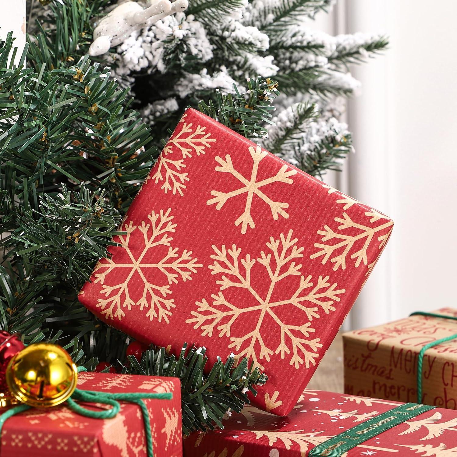 Weihnachts-Geschenkpapier Kraftpapier Rentier Schneeflocke Baum 4Rollen