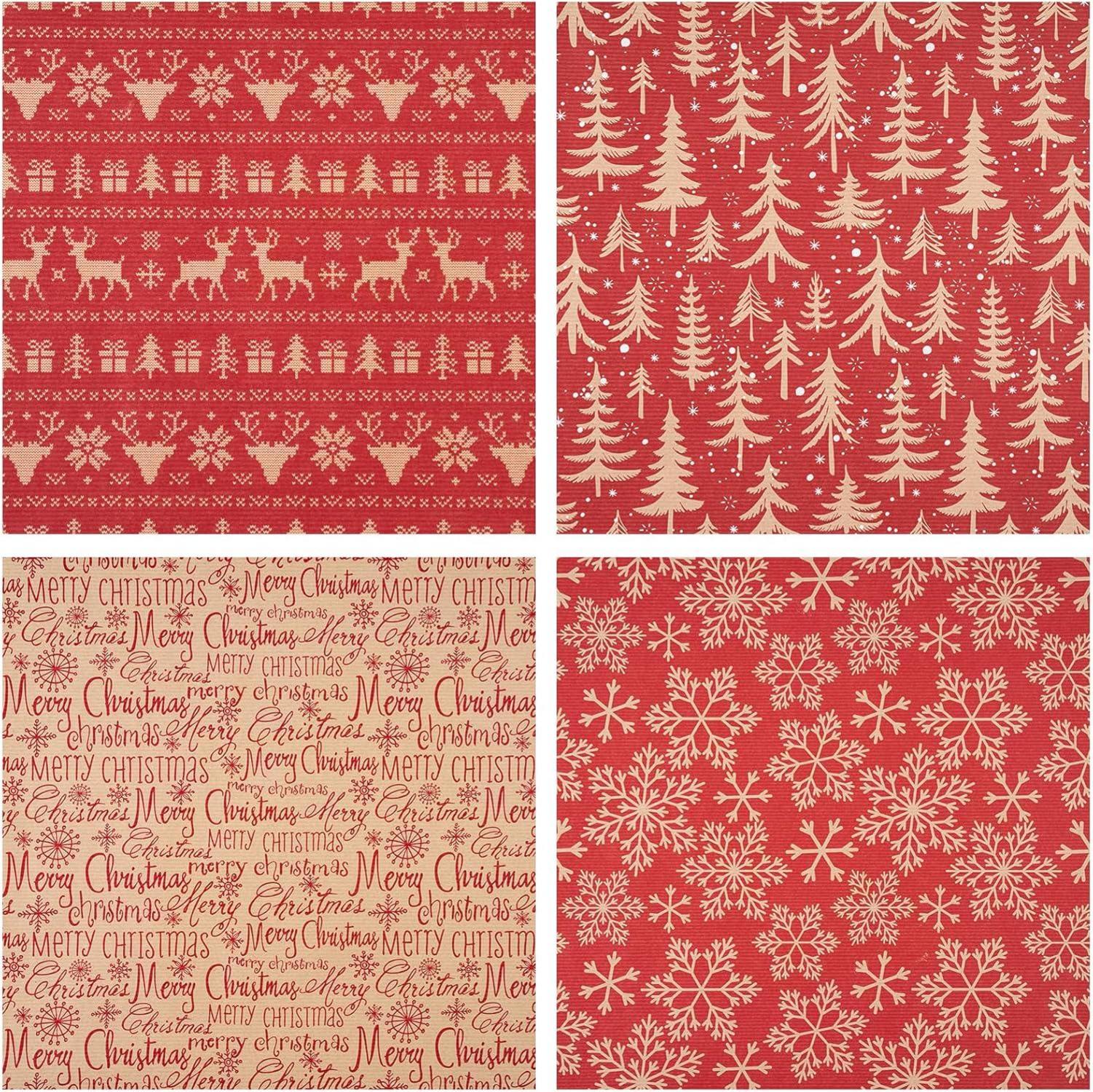 Weihnachts-Geschenkpapier Kraftpapier Rentier Schneeflocke Baum 4Rollen