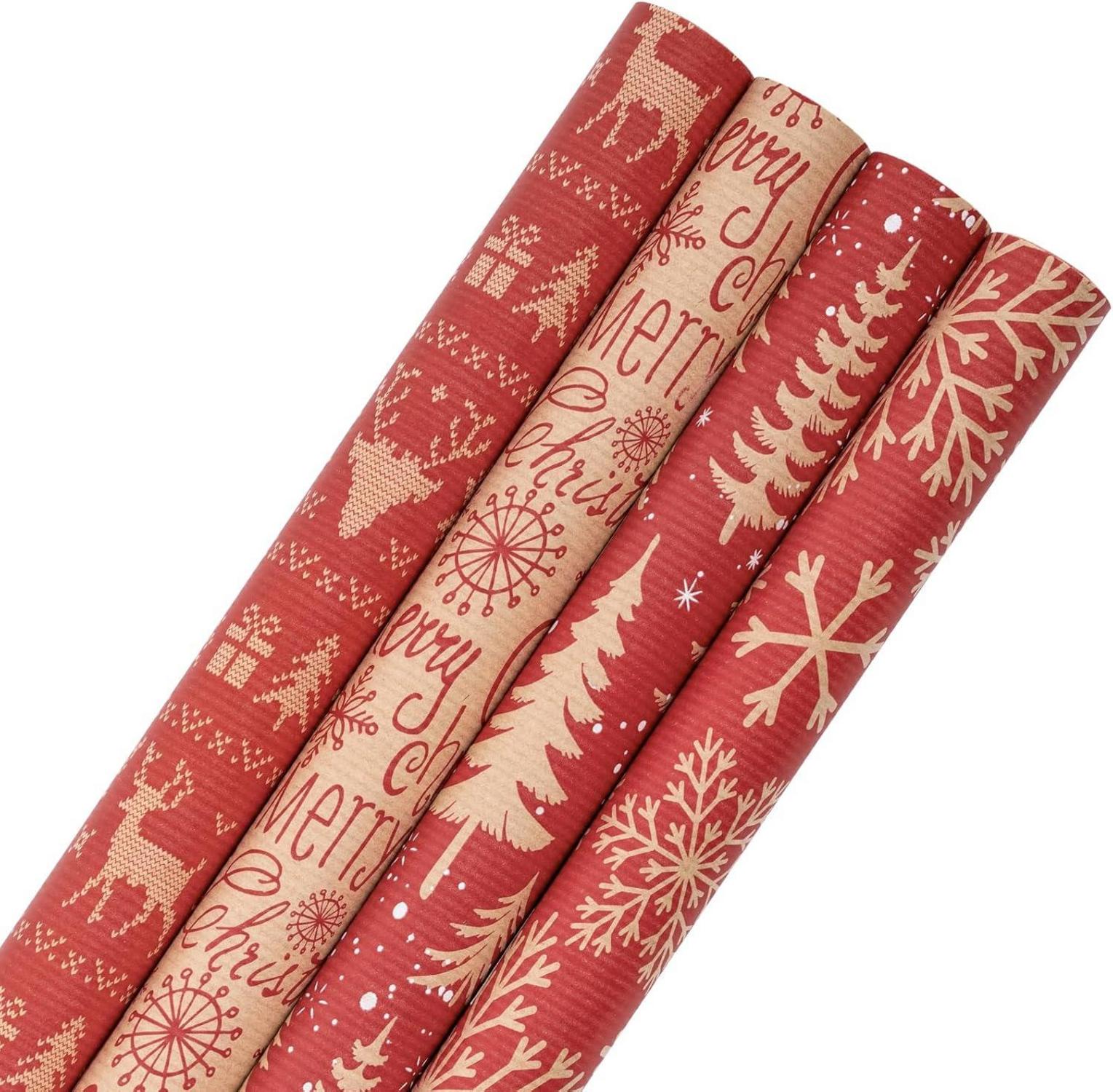 Weihnachtsgeschenkpapier Kraftpapier Rentier Schneeflocke Weihnachtsbaum 4 Rollen