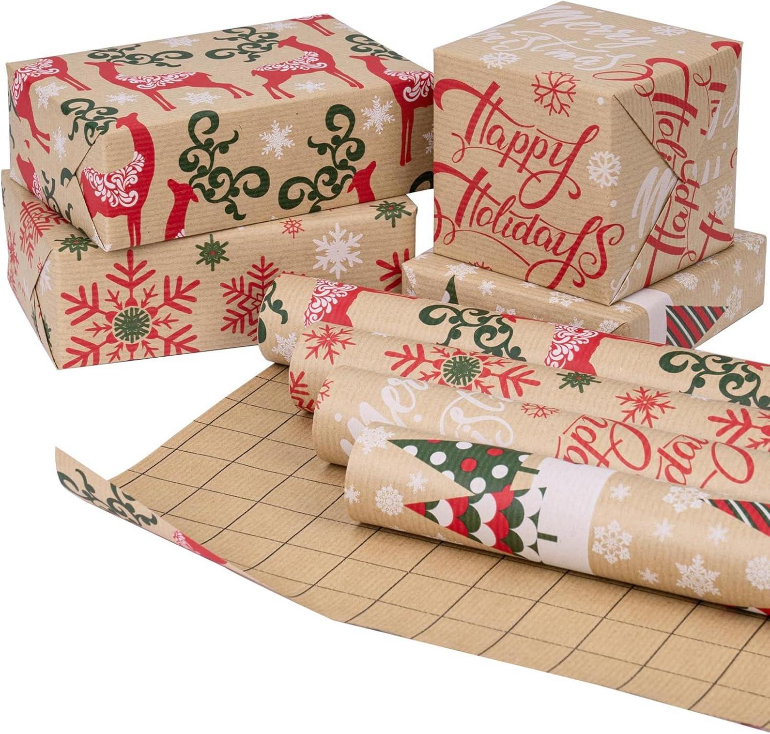 Weihnachts-Geschenkpapierrolle Kraftpapier 4 Designs 43,2cm x 3m