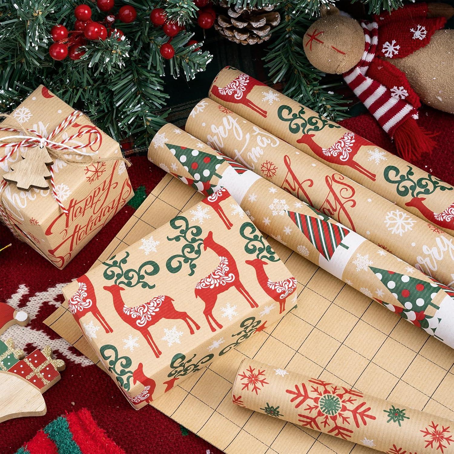 4 Rollen Weihnachtsgeschenkpapier aus Kraftpapier 43,2cm x 3m in Rot und Grün