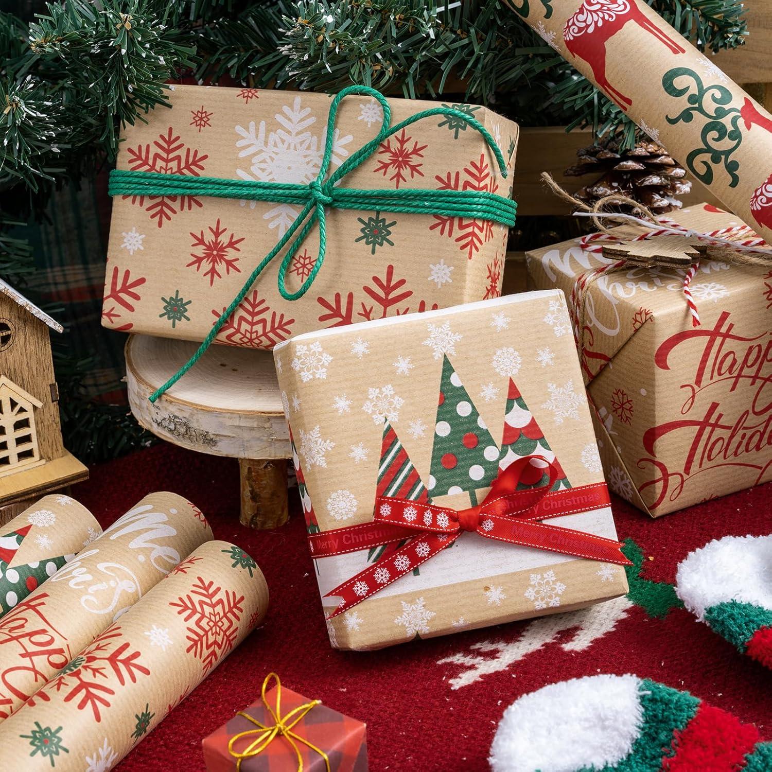 Weihnachts Geschenkpapierrolle Kraftpapier Schneeflocke Rentier Baum Text