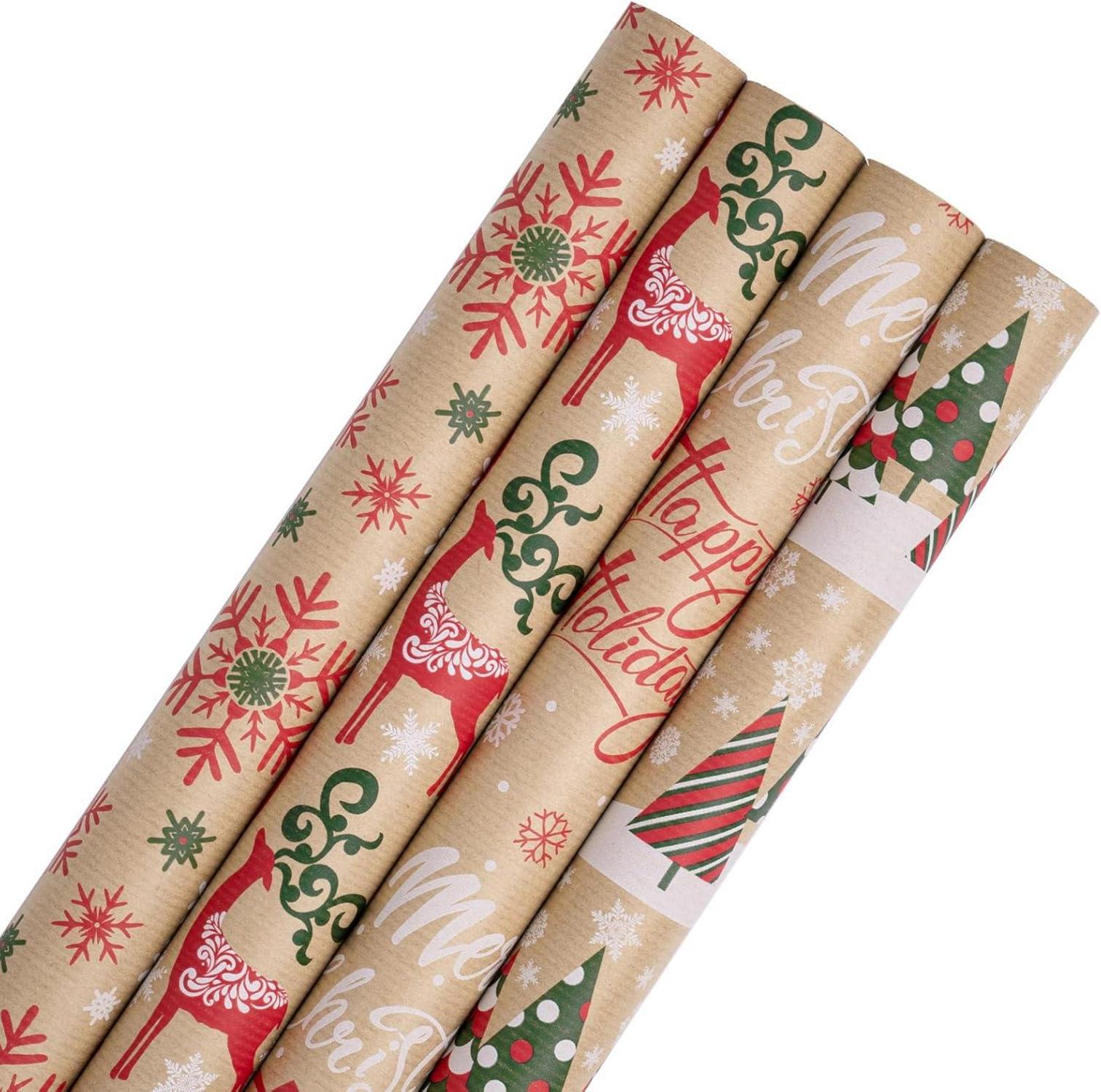 4 Rollen Weihnachtsgeschenkpapier aus Kraftpapier 43,2cm x 3m in Rot und Grün