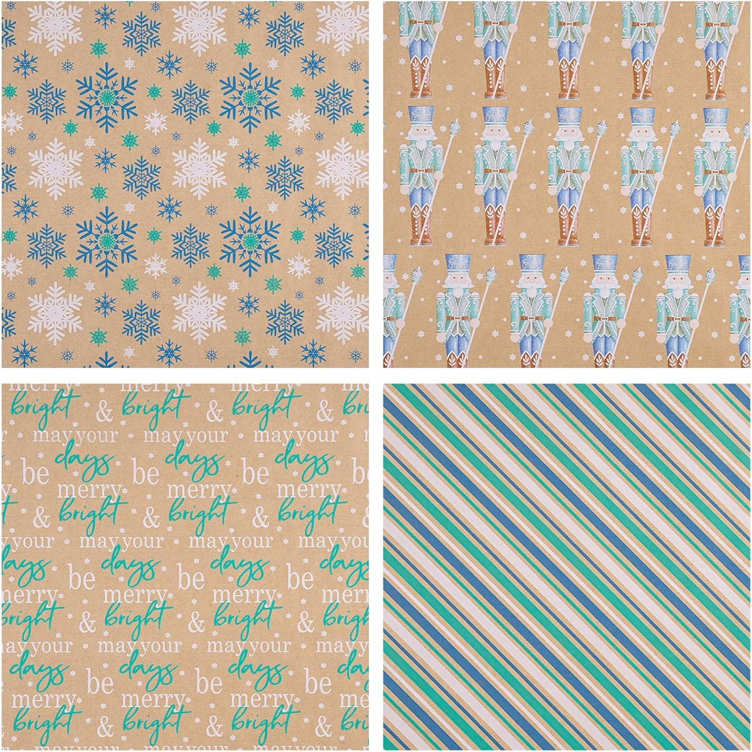 Weihnachts-Geschenkpapier Kraftpapier Nussknacker Schneeflocke Streifen 76x3m 4 Rollen