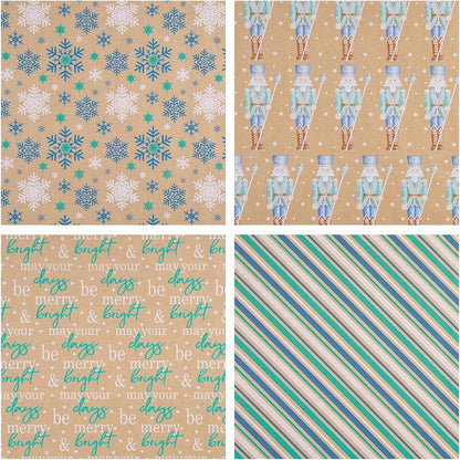 Weihnachts-Geschenkpapier Kraftpapier Nussknacker Schneeflocke Streifen 76x3m 4 Rollen