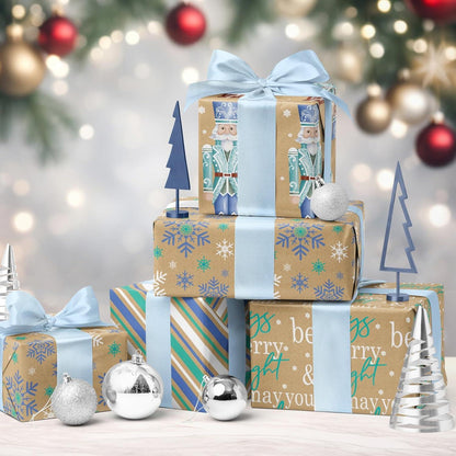Weihnachts-Geschenkpapier 4 Rollen Kraftpapier Nussknacker Schneeflocke Streifen