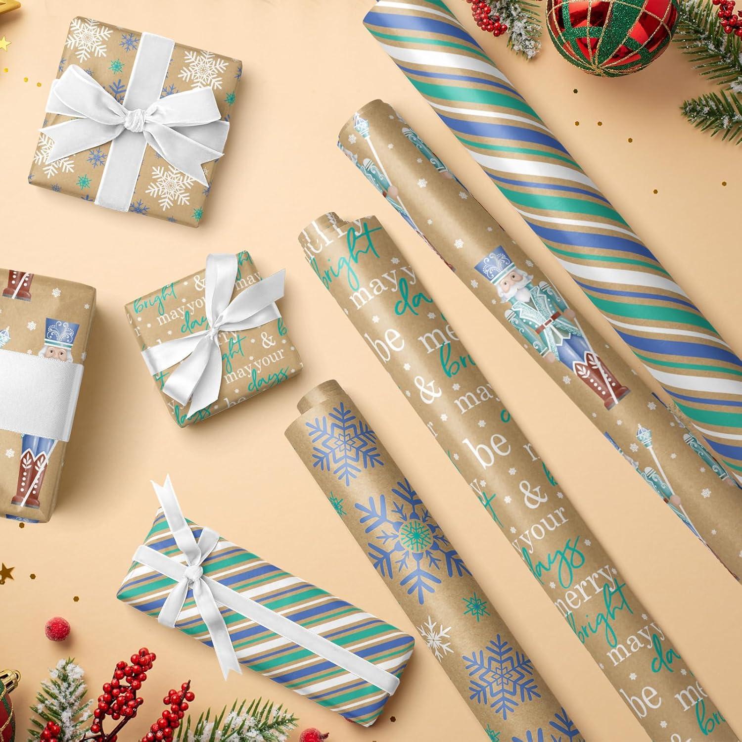 Weihnachts-Geschenkpapier 4 Rollen Kraftpapier Nussknacker Schneeflocke Streifen